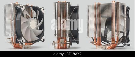 set of tower type computer cpu air coolers isolated gray background, aluminum heatsink with copper pipes and black fan, hardware cooling and thermal Stock Photo