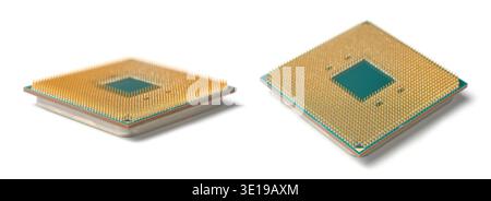 set of computer cpu showing gold pins isolated white background, hardware component processors with soft focus and in different angles Stock Photo