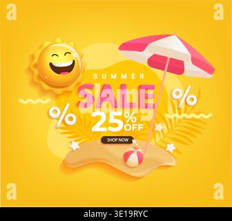 Summer Sale banner with smiling 3d sun, island,beach, tropical leaves and promotion to shop now. Hot season discounts. Invitation for limited time shopping with clearance,template for design. Vector Stock Vector