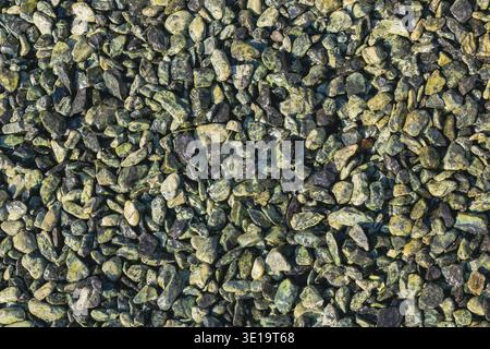 Close-up texture of small gravel and pebbles scattered on the ground, showing natural green and dark stones illuminated by sunlight. Stock Photo