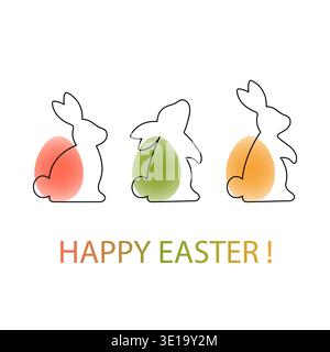 Happy Easter. Easter greeting card. Minimalism. Silhouettes of rabbits with bright eggs shaped accents. Vector illustration.  Stock Vector