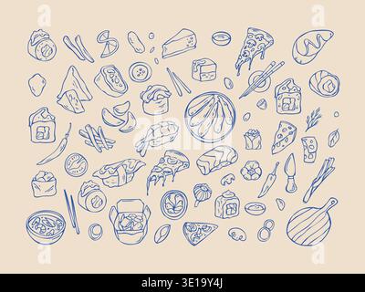 Hand drawn food doodle set with sushi pizza noodles dumplings and street food icons Stock Vector