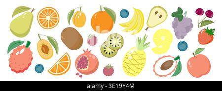 Sticker collection. Set of different fruits and berries, organic vitamins and healthy food. Watermelon, banana, peach, apple. Pink background Stock Vector