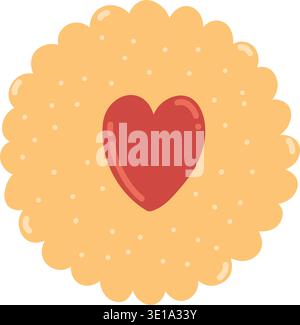 Pastry element, round shaped cookie with red heart, sweet dessert Stock Vector