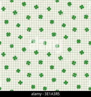 Doodle hand drawn check, plaid with green four leaf clovers seamless vector pattern, Saint Patrick's Day background Stock Vector