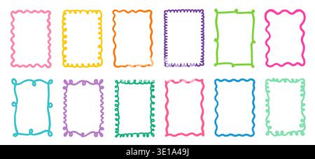 Cute wavy, groovy, colorful vector frames and borders for kids, Rectangle shapes with curvy squiggly doodle lines, fun text boxes Stock Vector