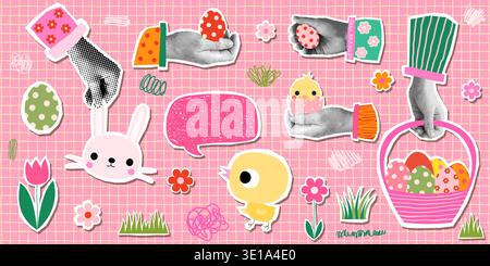 Cute Easter vector collage sticker set with halftone collage hands holding eggs, bunny, basket, Girly floral background with speech bubble, chicken fl Stock Vector
