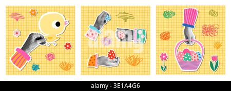 Easter vector greeting card set with hands holding painted eggs, basket, chicken, Halftone collage style background Stock Vector