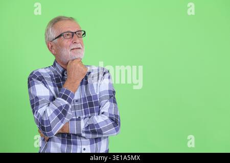 Studio shot of handsome senior bearded hipster man against green background Stock Photo