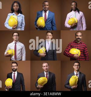 Collage of diverse multi ethnic and mixed age business people as engineers against brown background Stock Photo