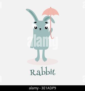 Vector Illustration Of Alphabet Letter R And Rabbit. Rabbit holding umbrella. Stock Vector