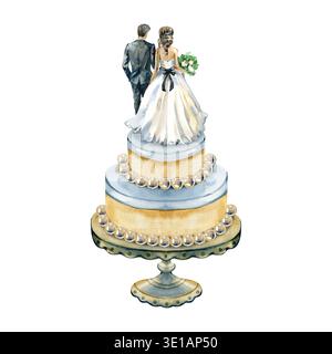 Elegant watercolor illustration of a three-tier wedding cake on a vintage stand, featuring a bride and groom topper and edible pearls. A romantic hand Stock Photo