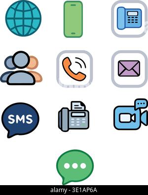 Communication and Contact Icons Set Featuring Phone SMS Email Chat Video Call and Global Connectivity Stock Vector