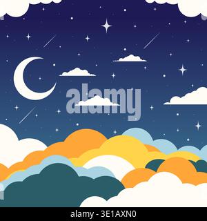 Moon, Asian clouds, stars, moonlit night sky background. Hand drawn vector illustration. Qixi Stock Vector