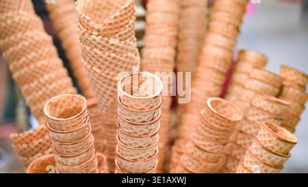 India Day celebration in Moscow offering rows of crisp waffle ice cream cones Stock Photo