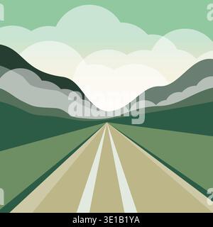 Empty road among field and meadow with green grass, mountains and sky with clouds. Cartoon summer vector scenery Stock Vector