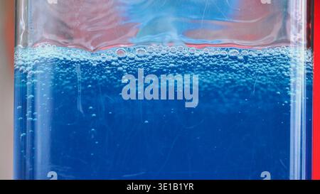 Blue liquid creating a foamy surface with many small bubbles inside a glass container Stock Photo