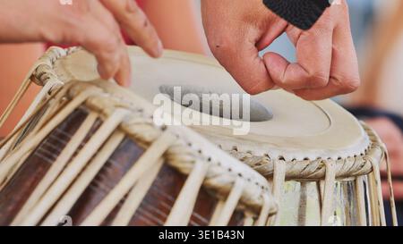 Hands performing on tabla drums during India Day cultural festival in Moscow Stock Photo