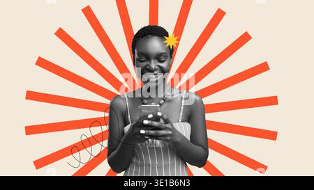 Woman Using Smartphone With Bright Background in a Creative Collage Design Stock Photo