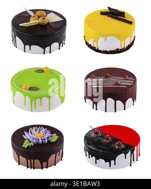 Six delicious round cakes decorated with chocolate, fruits, nuts and cream are isolated on a white background Stock Photo