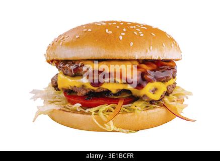 Delicious double cheeseburger with succulent beef patties, melted cheese, and fresh toppings isolated on white Stock Photo