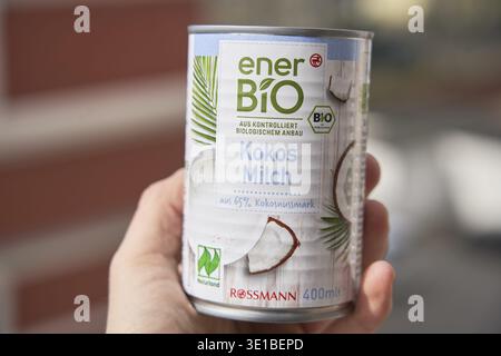 Close-up of a can of coconut milk from EnerBio with blurred background, Ener Bio, organic, by Rossmann Stock Photo