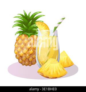 Vector image of pineapple juice with slices of fresh fruit Stock Vector