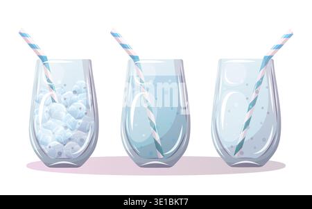 Vector image of empty glasses filled with ice water and straws Stock Vector