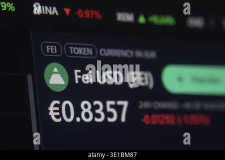 Trading interface displaying Fei USD cryptocurrency price in euros Stock Photo