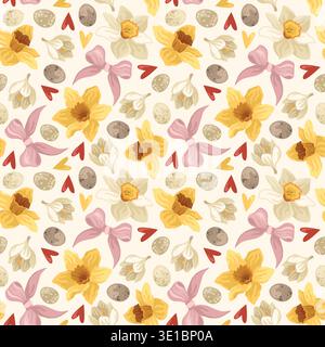 Hand-drawn seamless pattern made of daffodil and crocus flowers and bird eggs and hearts and bow, floral Easter background Stock Vector