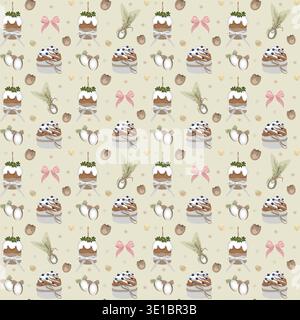 Hand-drawn Easter seamless pattern with cracked eggshell, bow and candle, Easter dyed eggs and cakes, Easter decorative background Stock Vector