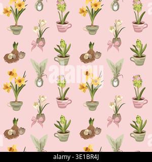 Hand-drawn Easter seamless pattern with spring flowers like daffodil, hyacinth and crocus, eggs and nest, floral spring background Stock Vector