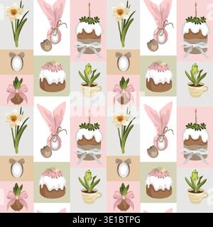 Hand-drawn Easter cakes seamless pattern with teacup potted flower, blooming daffodil, flower bulb with a bow and Easter eggs Stock Vector