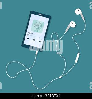Podcast on mobile phone screen with headset. Vector illustration in flat cartoon style. Stock Vector