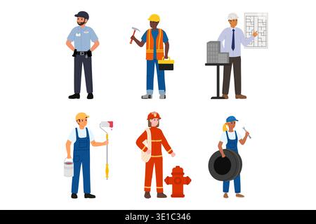 Set of six professions. People of different professions with their own attributes and their own uniforms. Flat vector illustration Stock Vector