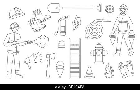 Large black and white set of linear signs, elements of fire safety equipment, people. Set for fire safety training. Stock Vector