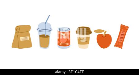 Healthy school snack. Drinks, apple, paper bag with snack, energy bar. Doodle vector illustration for school lunch blogs Stock Vector