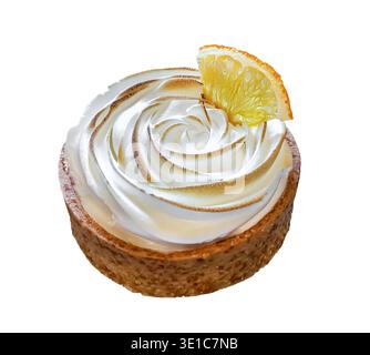 Tartlet with lemon curd and meringue isolated on white background with clipping path. Delicious dessert concept. Stock Photo