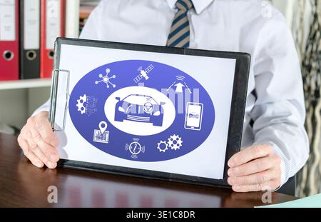Driverless car concept shown by a businessman Stock Photo