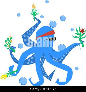 Cheerful blue octopus in glasses and red armband carrying spring flowers somewhere. Vector illustration of a kind sea dweller surrounded by air bubble Stock Vector
