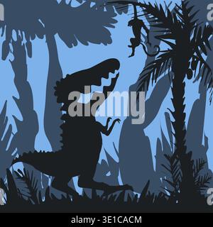 Silhouette of cartoon dinosaur trying to catch monkey hanging on palm tree. Vector illustration is simplified, stylized in black and white. A dinosaur with a huge mouth and teeth looks at a monkey, wanting to eat it Stock Vector