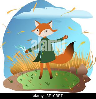 Illustration of a humanoid fox standing on two legs in a field. Vector personage foxi for book covers or for zheti A fox in a green coat stands against the background of ripe wheat and the sky during the wind. Clothes and handkerchiefs sway, and ears of wheat fly into the air Stock Vector