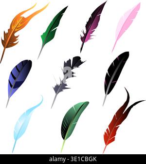 Illustration Colorful Different Shapes Feathers Gamedev Items. Vector illustration 10 pieces of feathers for games or applications of different shapes, rounded, sharp and forked. The fiery feather of the firebird is angelic, poisonous and crow. Stock Vector