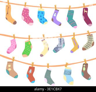 Socks of different shapes and colors hang on ropes with clothespins after washing. Vector illustration socks and knee socks with drawings and patterns on fabric. Funny bright images with no background for kids sites and banners insert. Stock Vector