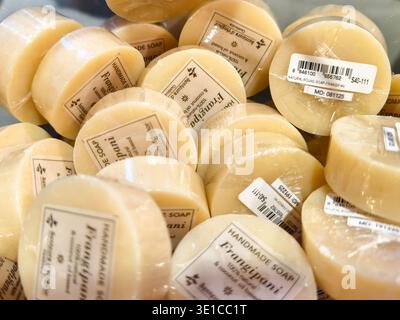 Senteurs d'Angkor Frangipani natural oval soaps, which are handmade in Cambodia, Made with locally sourced coconut oil. Stock Photo