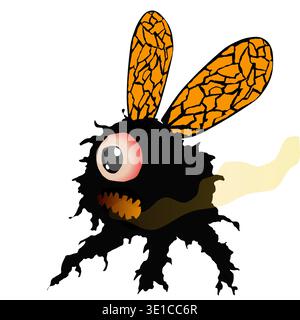 A small black monster character with his mouth open flies and blows smoke from his mouth as he is a lava bee spitting lava when angry. Vector illustration For insert mini monster banner transparent background. Stock Vector