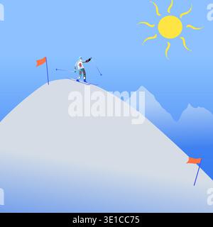 Skier in sportswear on top of the mountain began to walk down. Vector illustration of mountains, sun and good weather to win ski competitions at ski resort Stock Vector