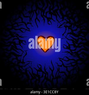 A heart surrounded by a darkness as thorny as twigs. Vector illustration background or cover motivator dont give up. Orange glowing heart on blue background Stock Vector