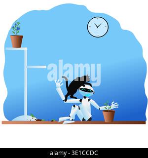 Illustration idyllic robot humanoid sitting on the floor and a cat climbed on his head Robot laughing playing with pet. Vector illustration a cheerful robot character sits on the floor in an apartment and a cat climbs on it. Both are happy to receive each others attention. Robot trying to take the cat off itself Stock Vector