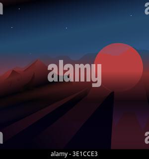 Stylized background dusty another planet sunrise in mountainous terrain. Vector illustration of an alien sunset or sunrise with rays of the red sun. If you zoom in on the peak of one of the mountains, you can see a flying ship picking up a person on board.  Stock Vector